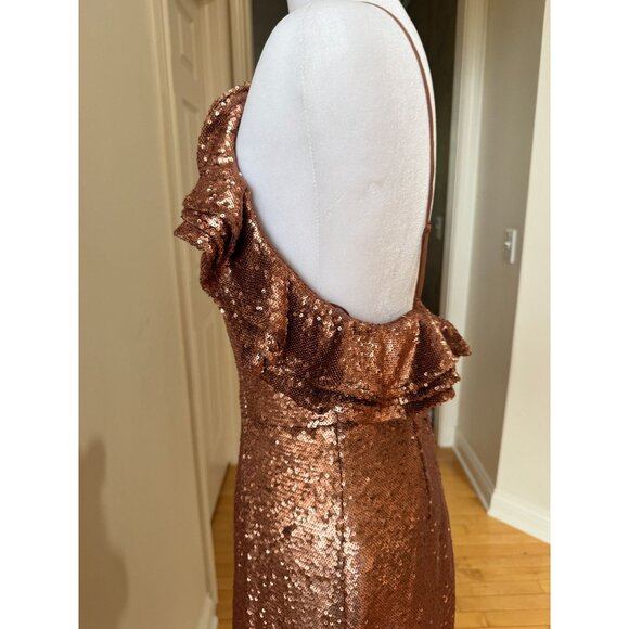 C/Meo Collective Womens Rose Gold Sequin Midi Dress With Ruffle Cold Shoulder De - Picture 5 of 11